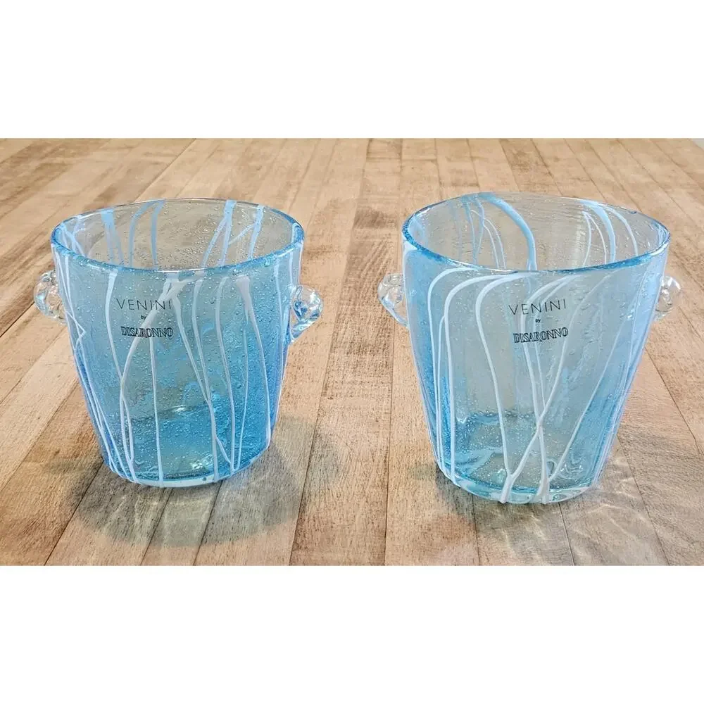 Vintage PAIR Of 2 Murano Glass Venini by Disaronno Light Blue Bubbled Ice Bucket